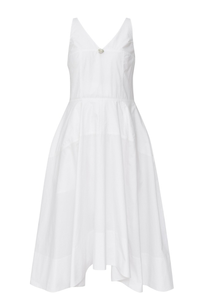 Compact Cotton Midi Dress with Mini Brooch (White)