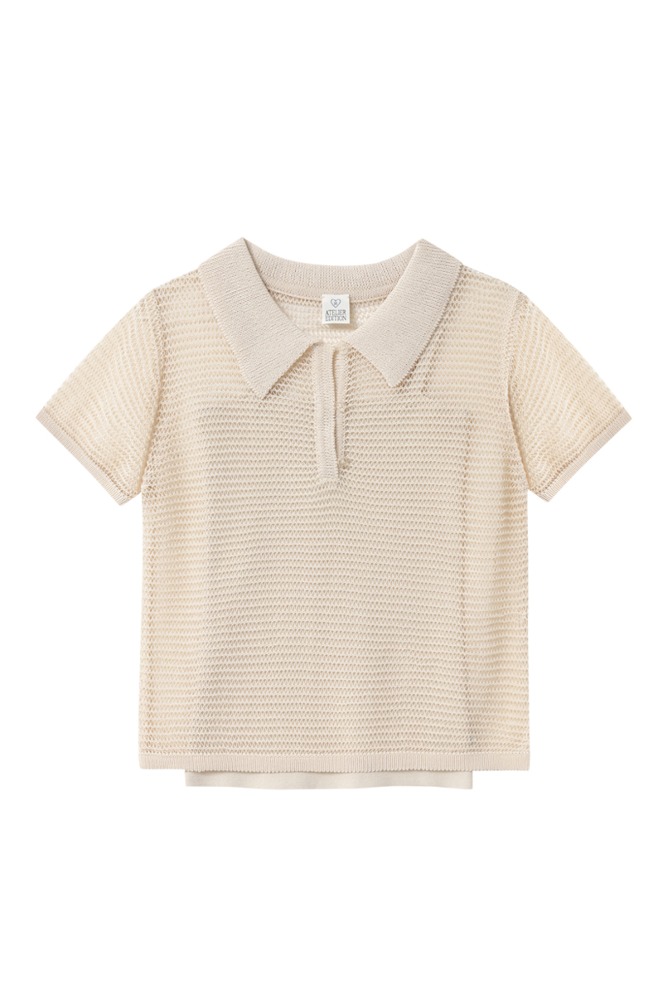 Organic Cotton See-Through Collar Tee &amp; Knit Cami Top Set (Light Beige)