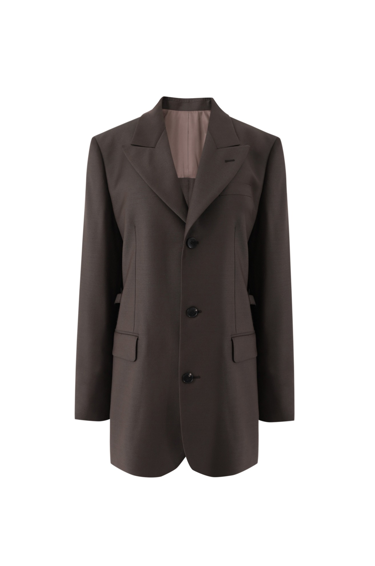 Three Button Blazer with Straps at Slitted Back (BROWN)