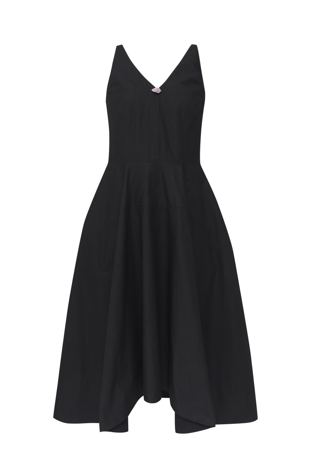 Compact Cotton Midi Dress with Mini Brooch (Black)